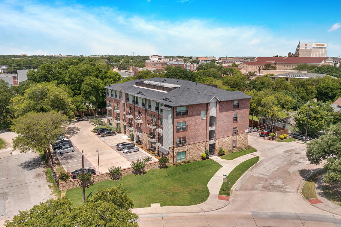 Aerial view of 404 Industrial Park, a Struga Management apartment community in Denton, Texas